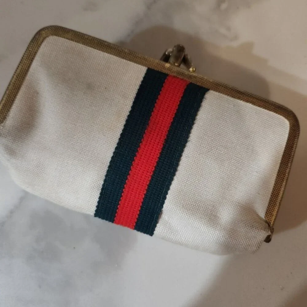 Vintage Vanity Set sewing Tools Etui Case Gold Trim Red Green Stripe‎